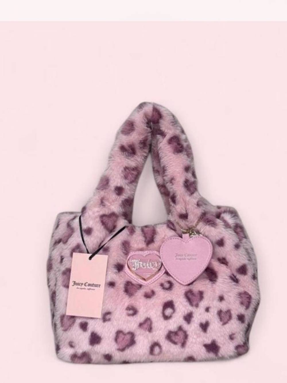 Juicy Couture Pink Faux Fur Heart-Print Tote with Heart Charm